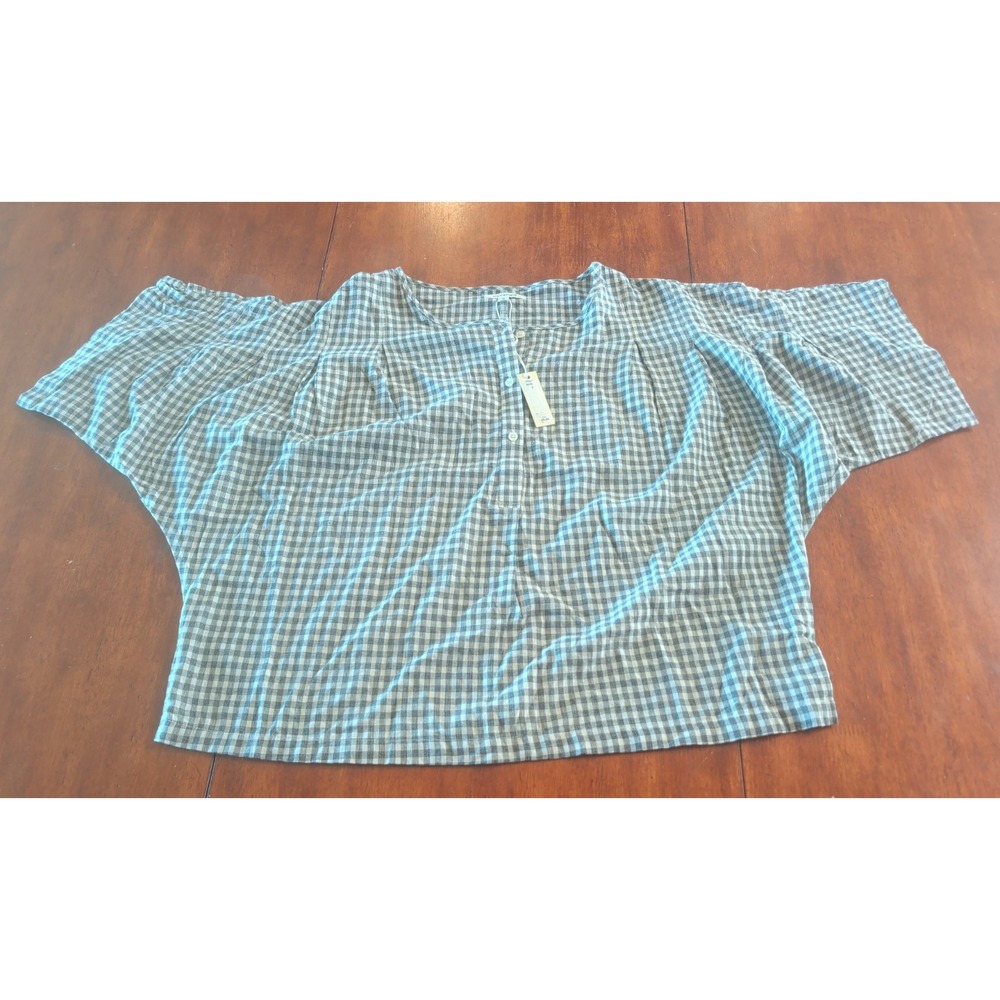 Max Studio Black White Gingham Button Up Short Sleeve Round Collar Shirt L NWT